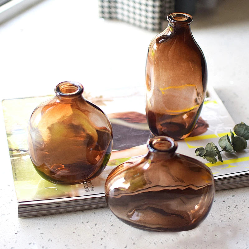 Brown Retro Glass Vase Plant Flowers Bottle Flower Arrangement Hydroponic Terrarium Desktop Vase Creative Home Decor Flower Pot