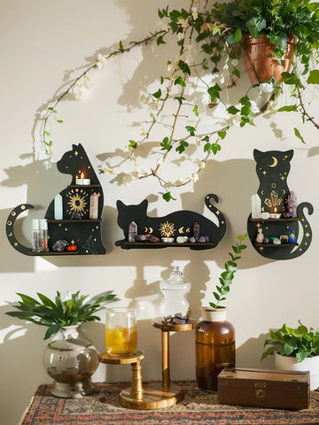 1pc Sun Moon Star Black Cat Floating Wall Shelf Wooden Crystal Shelf Display Wall Decor Display Shelf Boho Home Decoration Ledge