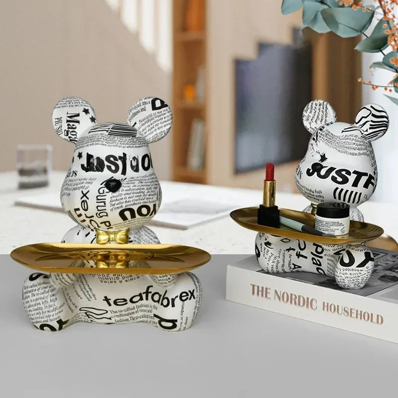 Trendy Colorful Graffiti Bear Abstract Resin Storage Statue Cute Doodle Animal Organizer Desk Holder for Home Office Ornaments