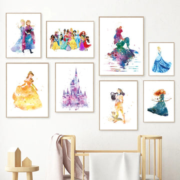 Watercolor Princess Poster Nursery Wall Art Print , All Disney Princess Party Canvas Painting Picture Baby Girls Room Decor