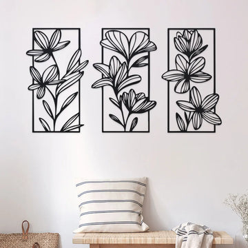 3-Piece Classic Iron Wall Art Decor, Floral Metal Murals for Bedroom and Living Room - Elegant Flower Wall Sculptures for Modern