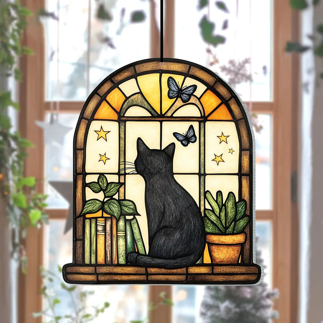 Acrylic Black Cat Window Hanging Decor, Arch Window with Butterfly/Stars/Books/Plants Design, Art Wall Ornaments for Home&Garden