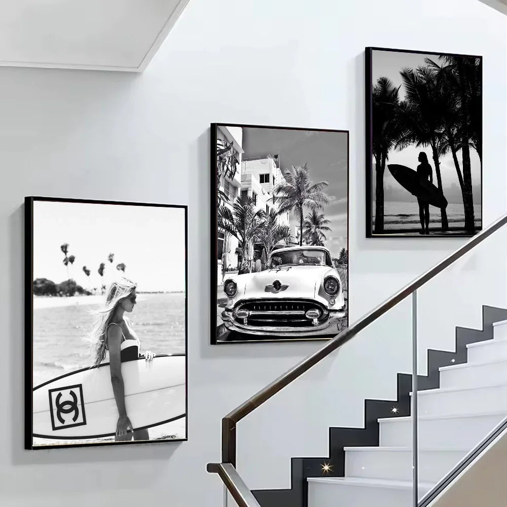 1pc Black And White Palm Tree Beach Landscape P-Photography Poster Self-adhesive Art Waterproof Paper Sticker Wall Decor