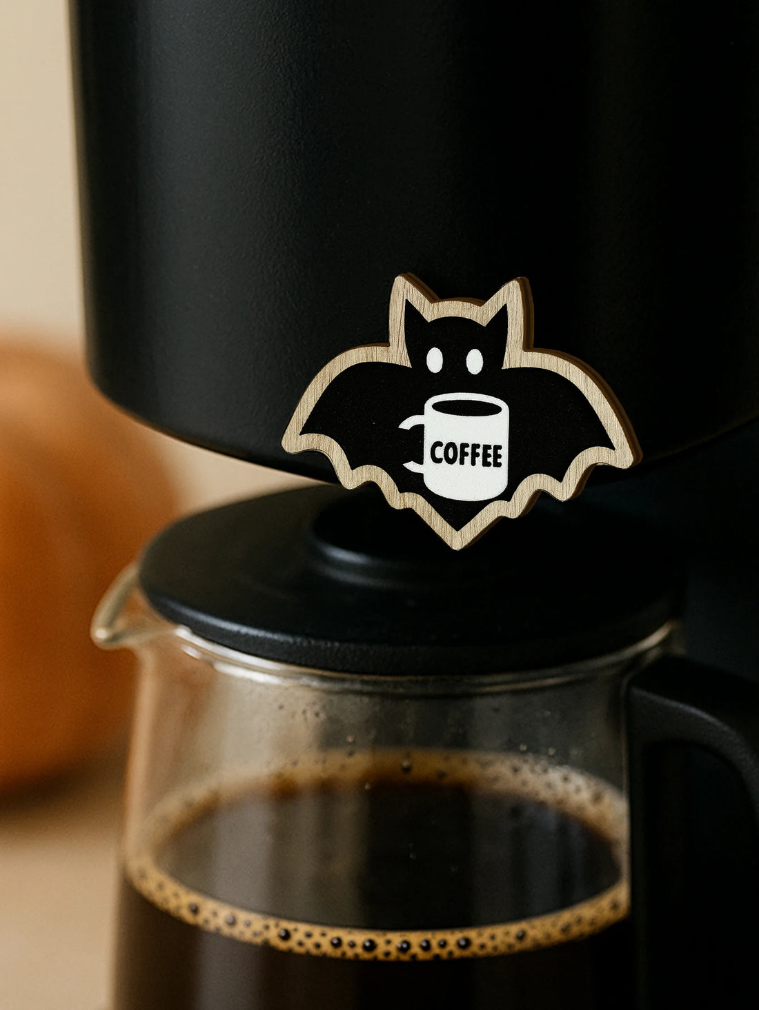 Wooden Halloween Bat Shaped Decorative Stickers, Cute Bat Holding Coffee Cup Design, Refrigerator & Coffee Machine Hanging Decor