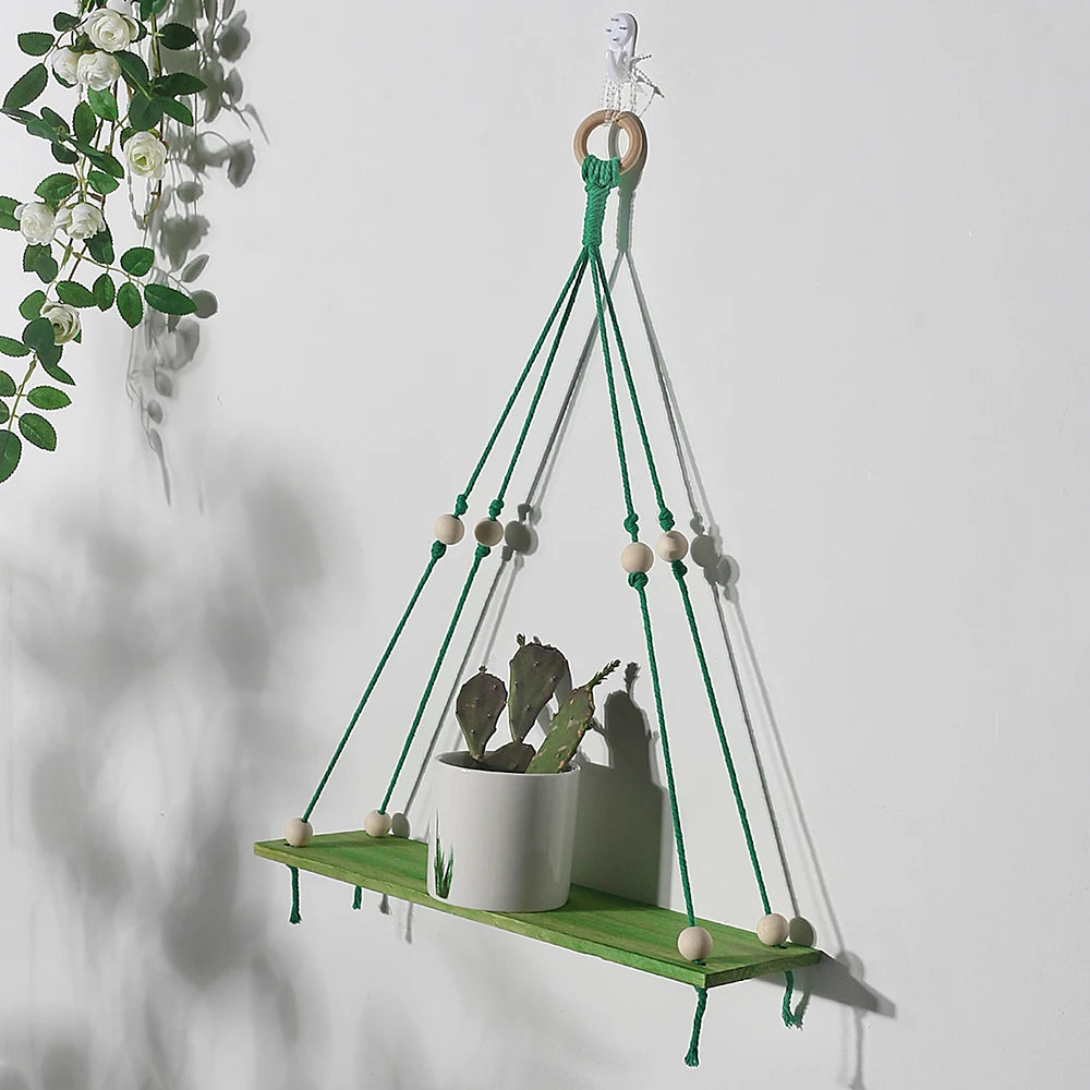 Green Wooden Shelf Hand Woven Floating Wall Shelves Plant Flower Pot Tray Ledge Boho Home Decor Living Room Decor Aesthetic Gift