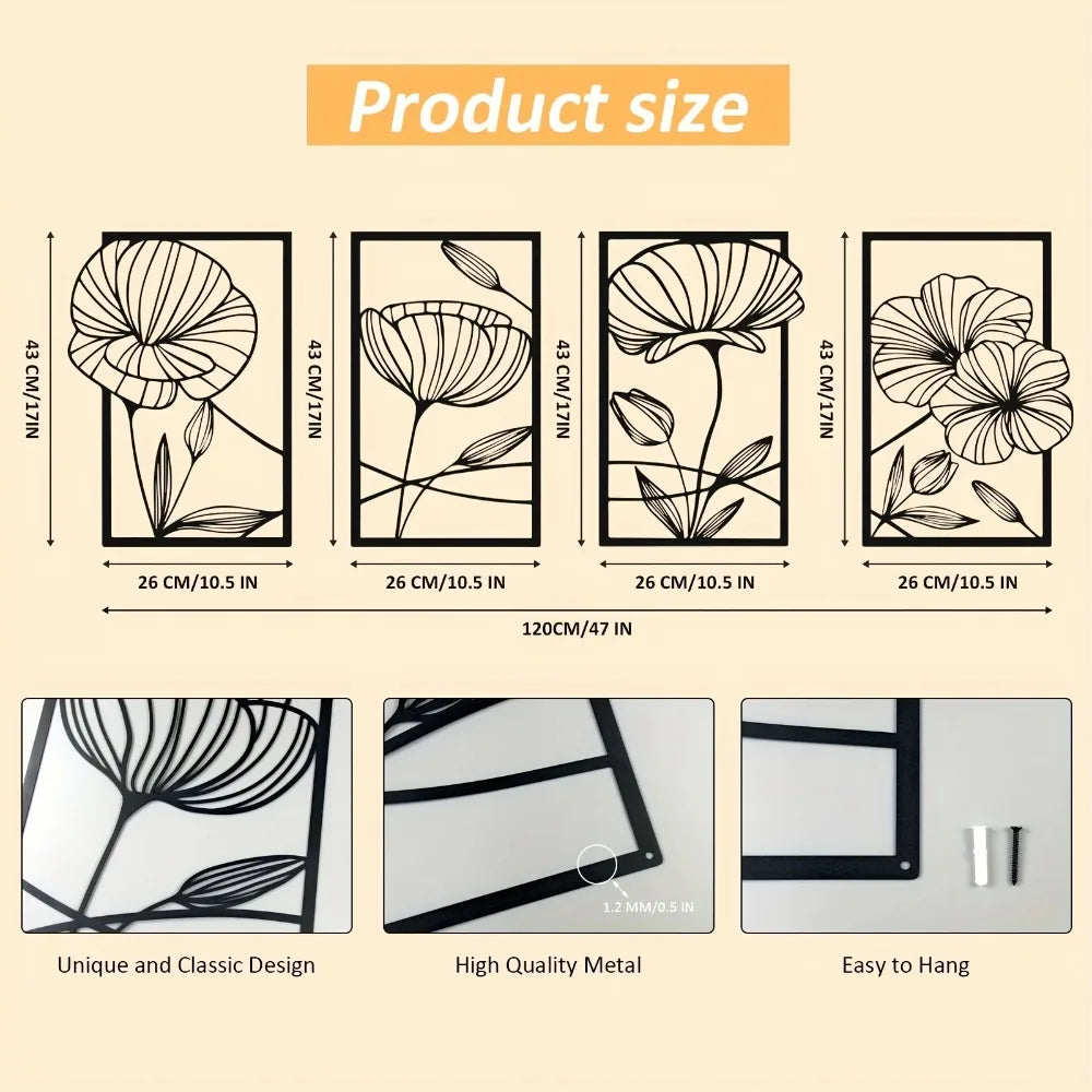 4-Piece Metal Lotus Flower Wall Decor - Abstract Floral Splicing Line Art | Minimalist Hanging Wall Sculpture