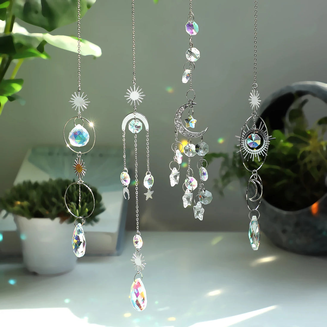 4 Pcs Silver Metal Boho Dreamcatcher Crystal Pendant Hanging Sun Catcher Crystal Suncatcher Garden Outdoor Decors Girl's Gifts