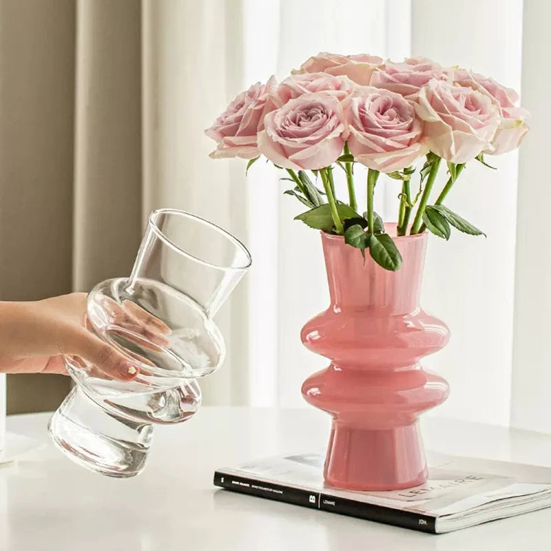 Modern Pink Glass Vase Hydroponic Flower Vases Decorative Glass Flower Vase for Home Office Table Decor Wedding Centerpieces