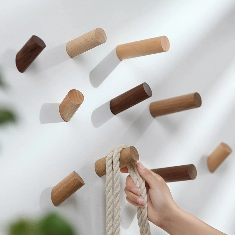 Natural Wood  Wall Mounted Coat Hook Decorative Key Holder Hat Scarf Handbag Storage Robe Hanger Bathroom Rack HK- 02