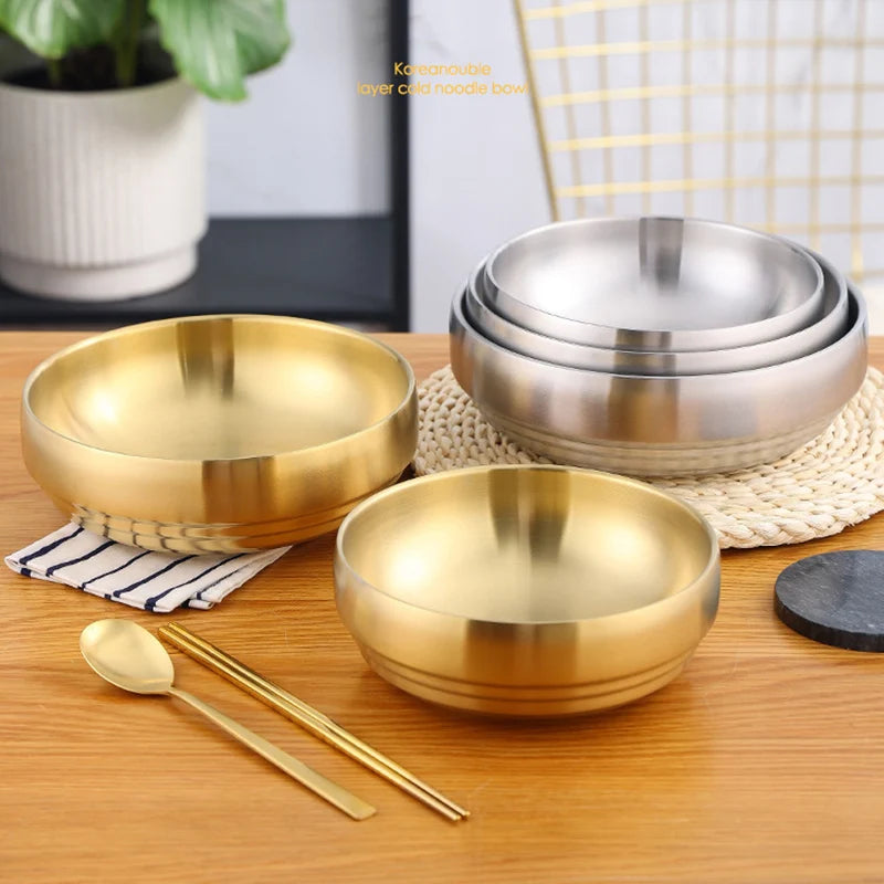 Korean Style 304 Stainless Steel Double Layer Cold Noodle Bowl Gold Silver Rice Bowl  Large Soup Bowl