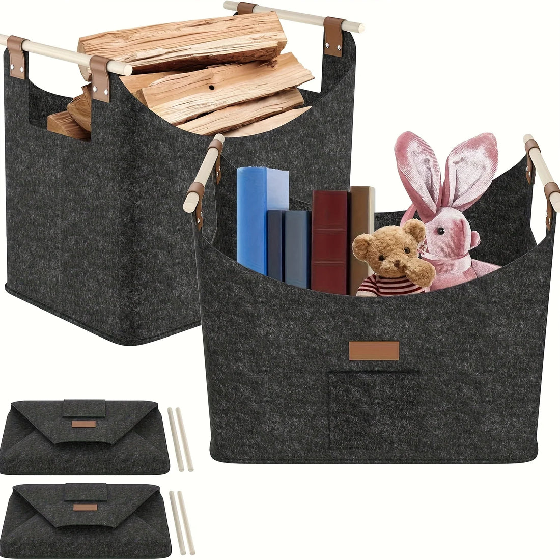 1Pc Large XXL Firewood Basket - Heavy-Duty Foldable Firewood Storage Bin with Thick Fleece & Sturdy Wooden Handles