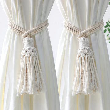 Handmade Macrame Curtain Holdbacks,Wooden Bead Curtain Tiebacks,Boho Home Decoration,Cotton Hanging Rope Curtains Accessories
