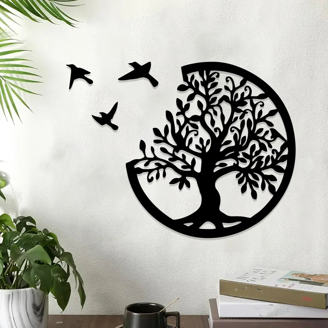 Boho Tree Of Life Black Wooden Wall Hanging,3 Birds Wall Art Decor,Round Hanging Ornaments,Indoor Crafts,Witchy Home Decorations