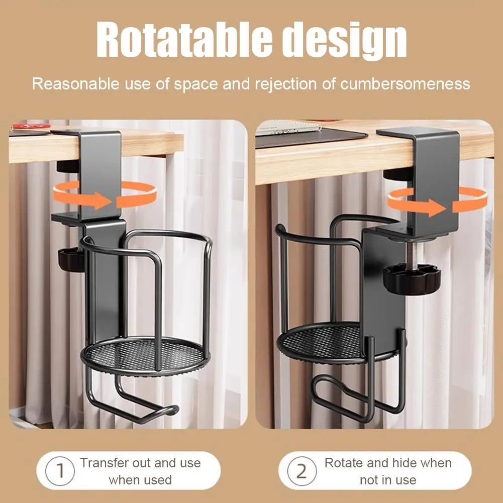 Iron Art Cup Holder 2in1 No Drill Desk Cup Holder Adjustable Upgraded Arm Clamp Stand Anti-Fall Cup Holder Table Edge Clamp