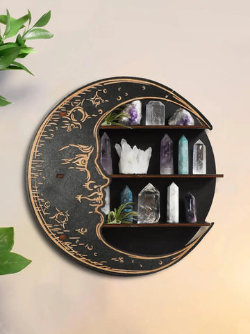 3-tier Black Moon Round Wooden Storage Rack Crystal Shelf Display Modern Home Decoration Essential Oil Rack Floating Wall Shelf