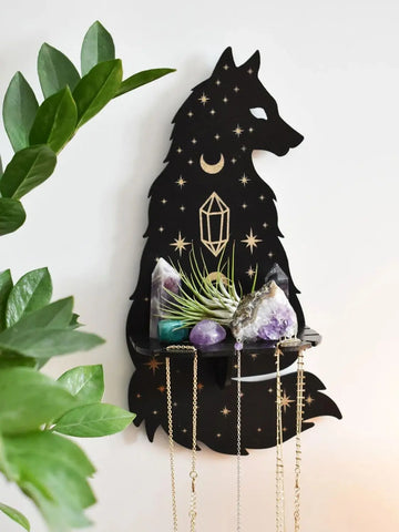 Fox Wall Shelf Black Wooden Floating Shelves Boho Home Decor Moon Phase Crystal Stone Display Stand Witch Room Wall Decors Ledge