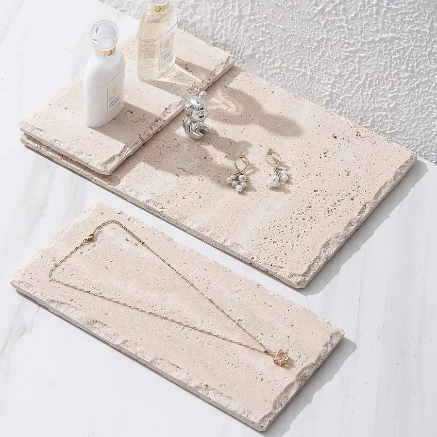 Hand-Carved Weathering Edge Stone Vanity Tray Natural Eroded Texture Quadrilateral Coaster Set, FOR Earring Display, Cup Stand