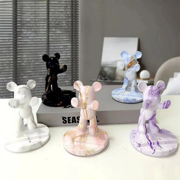 Cute Graffiti Bear Resin Statue & Phone Holder Funny Desk Decor Creative Gift for Friends Cool Bedroom Shelf Ornament With
