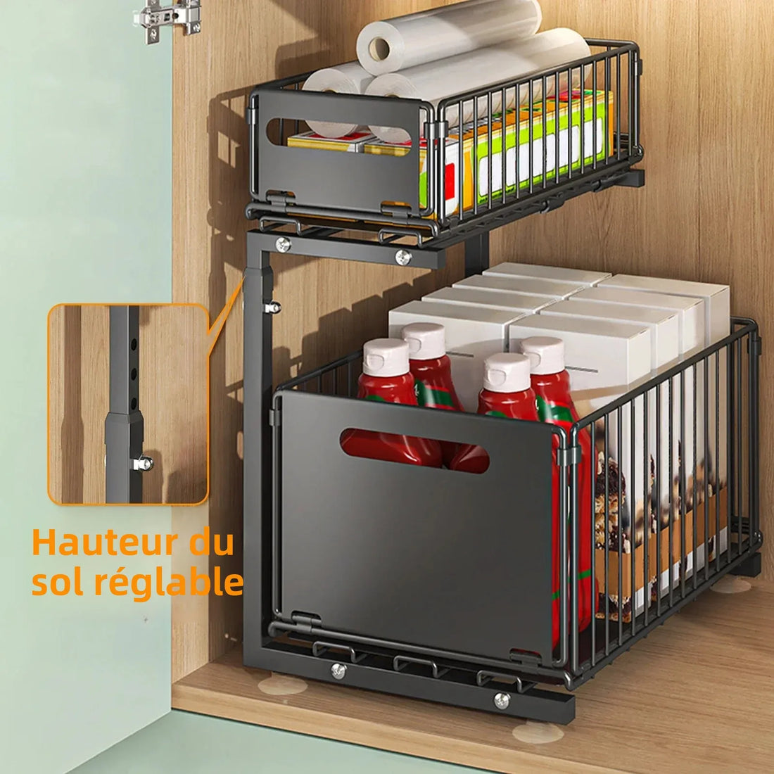 2-tier Under Sink Storage Organizer,Ajustable Sliding Cabinet Storage Basket,Kitchen Storage Rack with suction cups,Pull out Cab