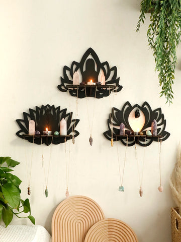 Lotus Ccrystal Shelf Display Black Wooden Wall Shelves Boho Floating Wall Shelf for Bedrooms Offices Living Room Aesthetic Gift