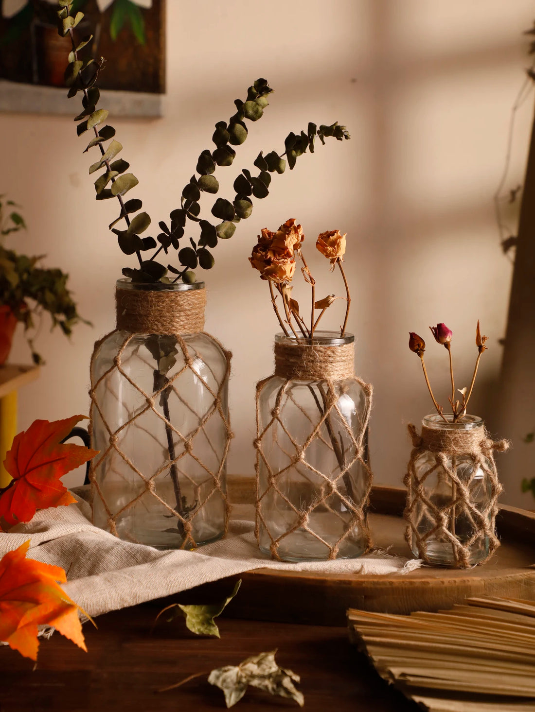 Rustic Glass Vase Table Transparent Vases Boho Home Decor Plant Bottles with Hemp Rope Desk Decoration Net Rope Dry Flowers Vase