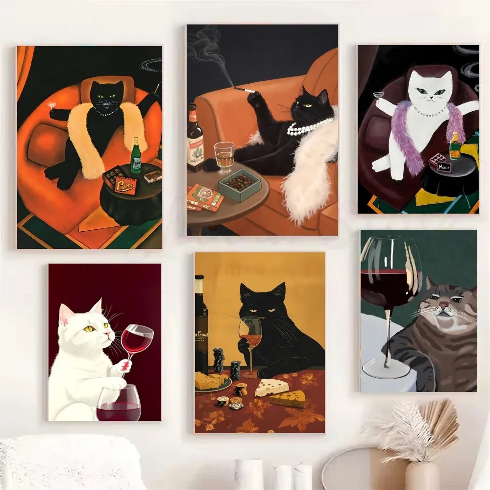 1PC Funny Black White Cats Red Wine Poster Poster Paper Print Home Living Room Bedroom Entrance Bar Cafe Art Painting Decoration
