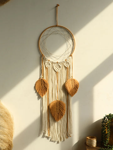 HandWoven Tapestry，Boho Macrame Dream Catcher with Leaf，Nordic Home Decor Wall Hanging Crafts for Bedroom Living Room Decoration