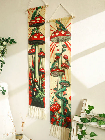 1pc Boho Mushroom and Frog Tapestry Wall Hanging, Retro Jungle Art Decorative Tapestry Banner,Wall Decor for Living Room Bedroom