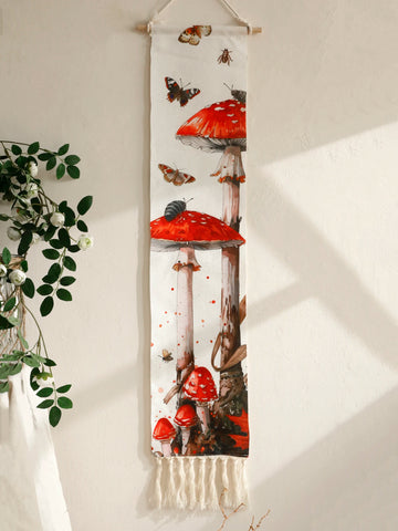 1pc Boho Red Mushroom Wall Hanging Tapestry Cotton Banner Wall Decor with Fringe Rustic Butterfly and Insect Home Decor Art Gift