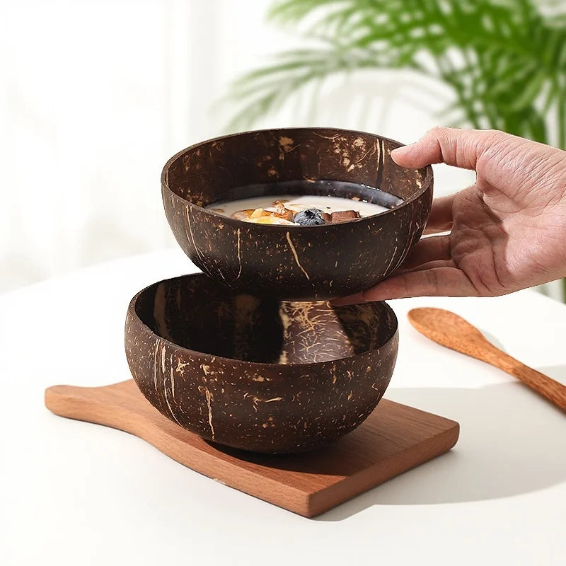 1/5PCS Coconut Bowl Wooden Spoon Set Smoothie Kitchen Tableware Dessert Fruit Salad Mixing Rice Ramen Natural Coconut Bowls