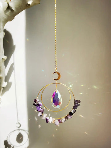 Purple Crystal Moon Sun Catcher Decor Pendant Wall Hanging Window Crystal Suncatcher Home Decoration Mother Day Girl Gift Crafts