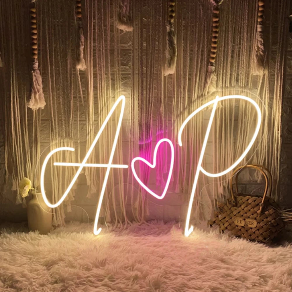 Custom Neon Sign Heart Neon Initials Name Wedding Sign Led Name Neon Lignt Up Sign For Room Decoration Home Party Wall Backdrop