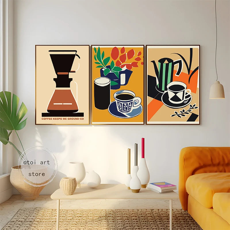 Modern Vintage Coffee Time Coffee Pot Espresso Girls Cat Art Poster Canvas Painting Wall Prints Picture for Cafe Bar Home Decor