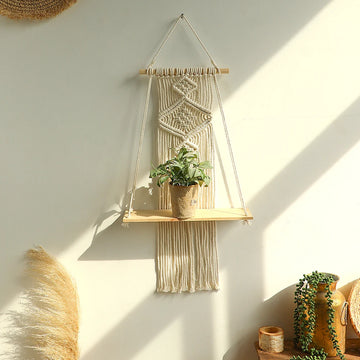 Macrame Wall Shelf Wood Floating Shelves Flower Pot Display Stand Hanging Wall Boho Home Decoration Living Room Decors Aesthetic