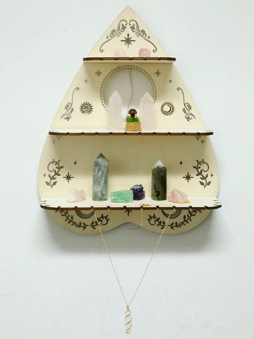 3-tier Boho Heart-shaped Wooden Crystal Shelf, Sun Moon & Star Wall-Mounted Display Rack Ideal for Gemstones, Witchy Home Decor