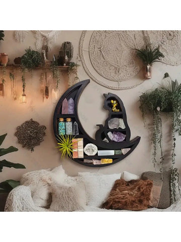 1pc Cat On The Moon Floating Wall Shelf Crystal Shelf Display Black Crystals Stone Essential Oil Small Plant Art Home Decoration