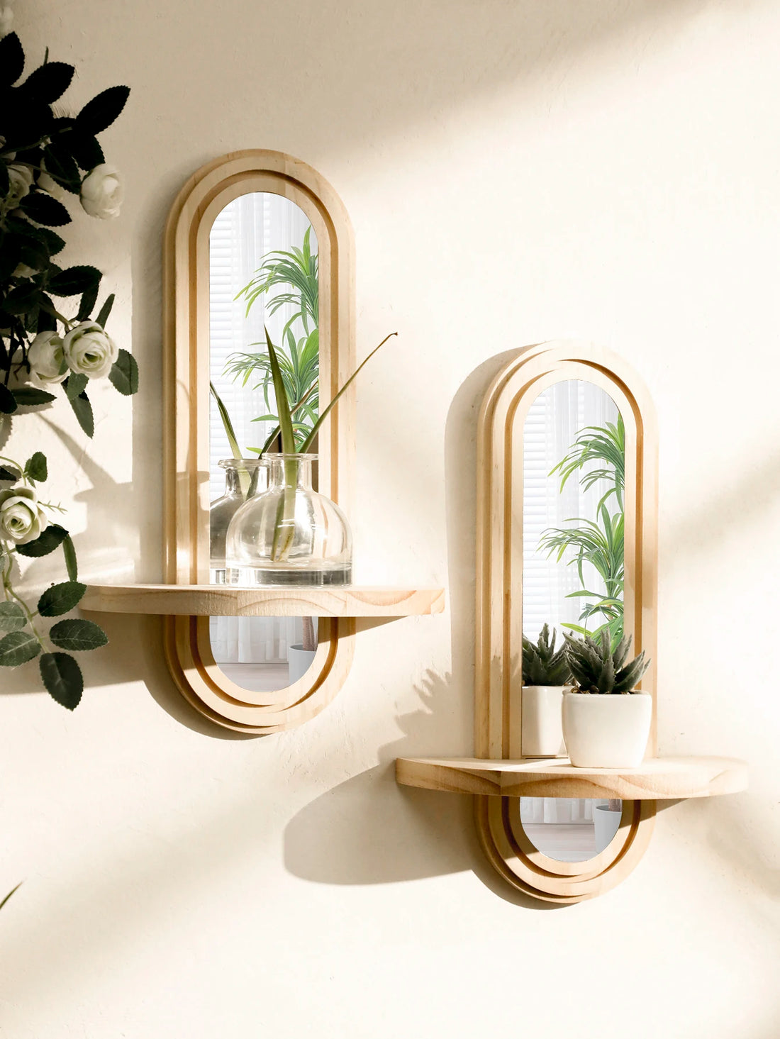 1pc Wooden Wall Shelves Boho Wall Mirror Natural Wood Finish Shelf Plant Display Stand for Bedroom Living Room Home Organization