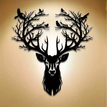 1-Piece 15.75×14.72-Inch Deer-Tree Metal Wall Sculpture | Halloween & Christmas Gift, Metal-Carved Indoor/Outdoor Decor